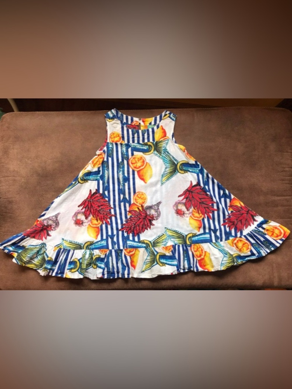 Striped Tropical Print Sleeveless Dress - Blue, White, Yellow, Red